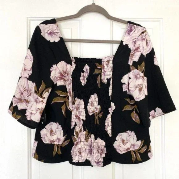 Free Press Black Floral Short Sleeve Cropped Blouse - Picture 3 of 7